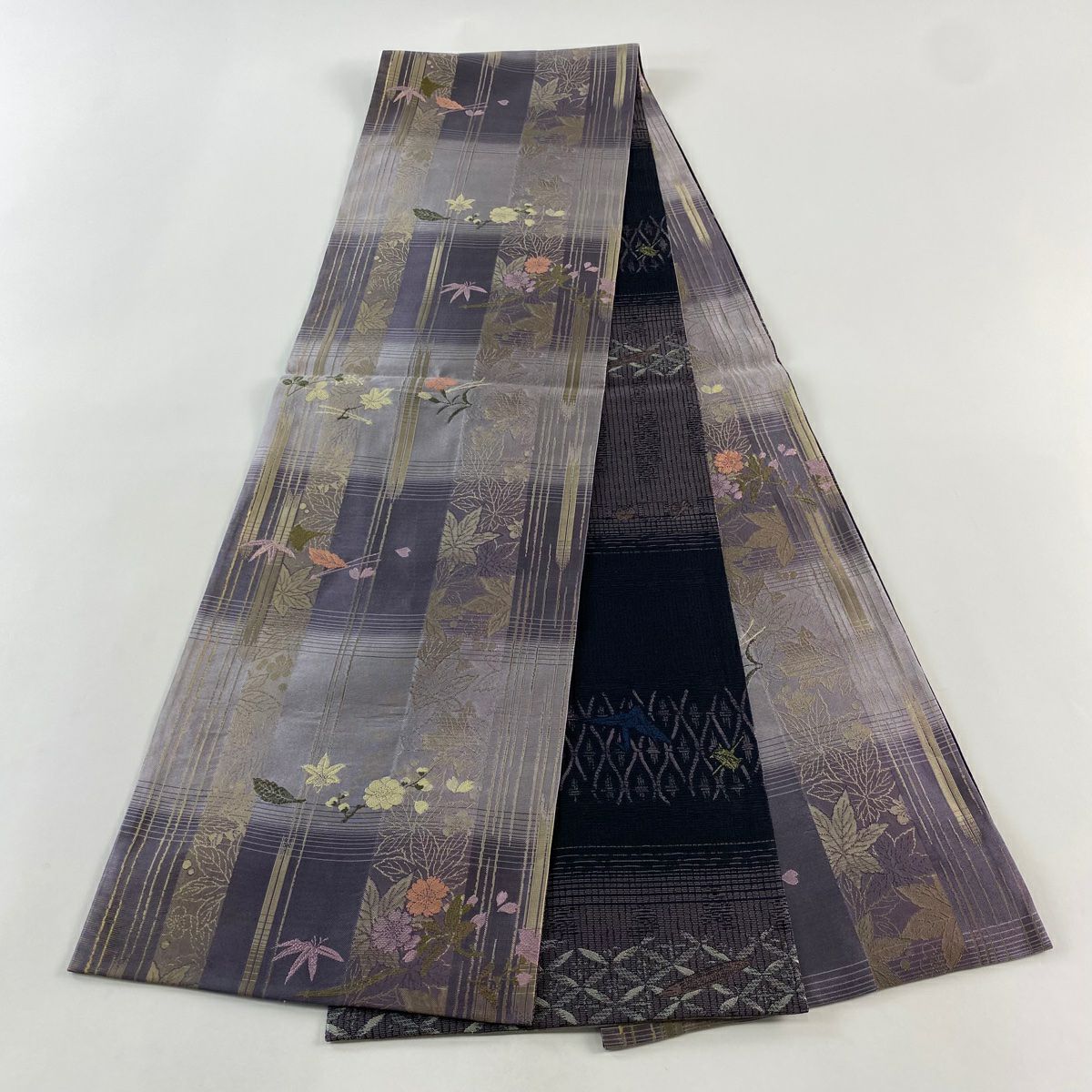 【清倉特賣】 【美品】 袋帶 名品級 樱花 枝梅花 金金箔 淺紫 全通 純蠶絲