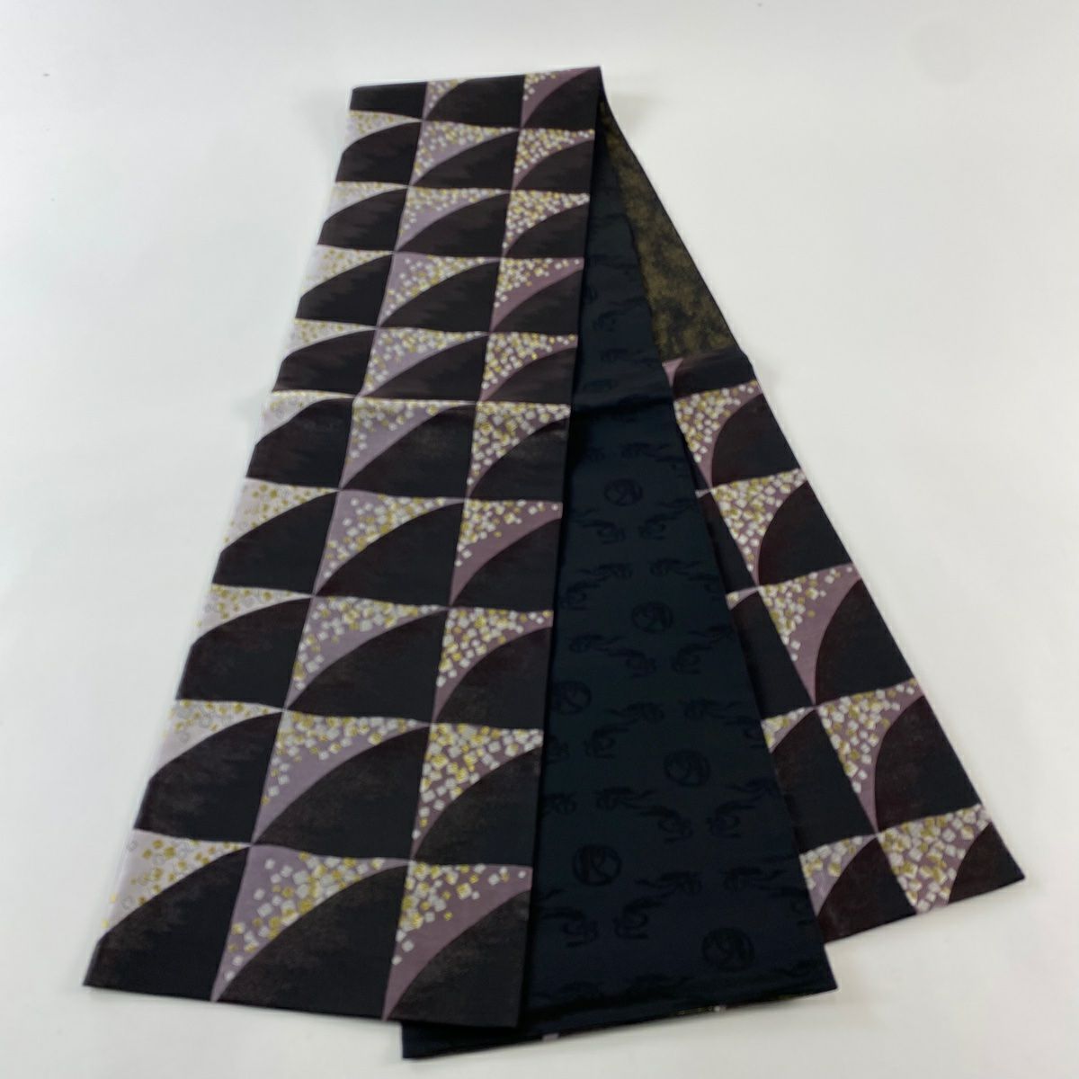 【庫存清倉】 【美品】 袋帶 名品級 市松樹 金金箔散佈 金銀絲 黑 六通 純蠶絲