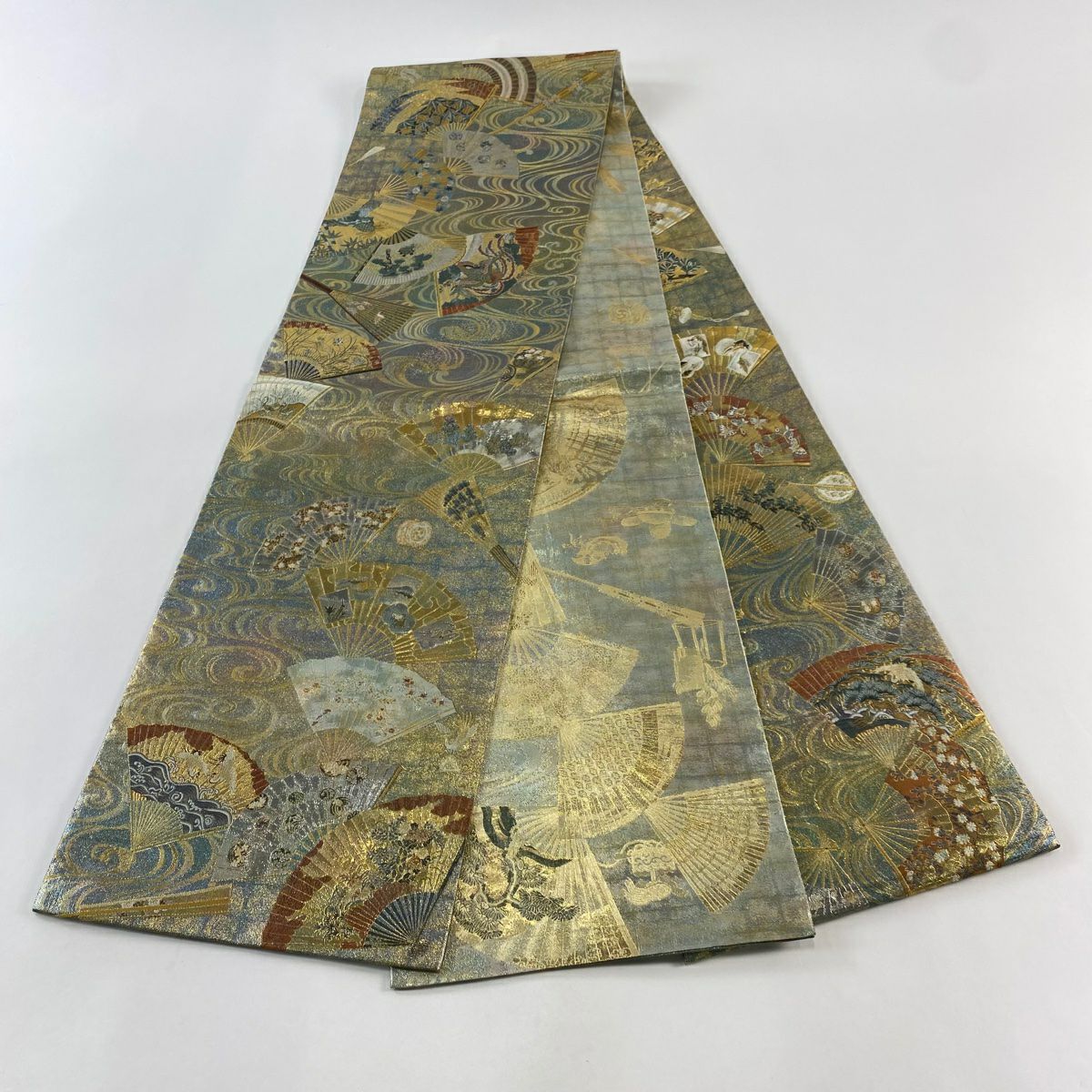 【庫存清倉】 【美品】 袋帶 名品級 附落款 徳川美術館秘藏 扇子 流水 金金箔 金色 大鼓圖案 純蠶絲