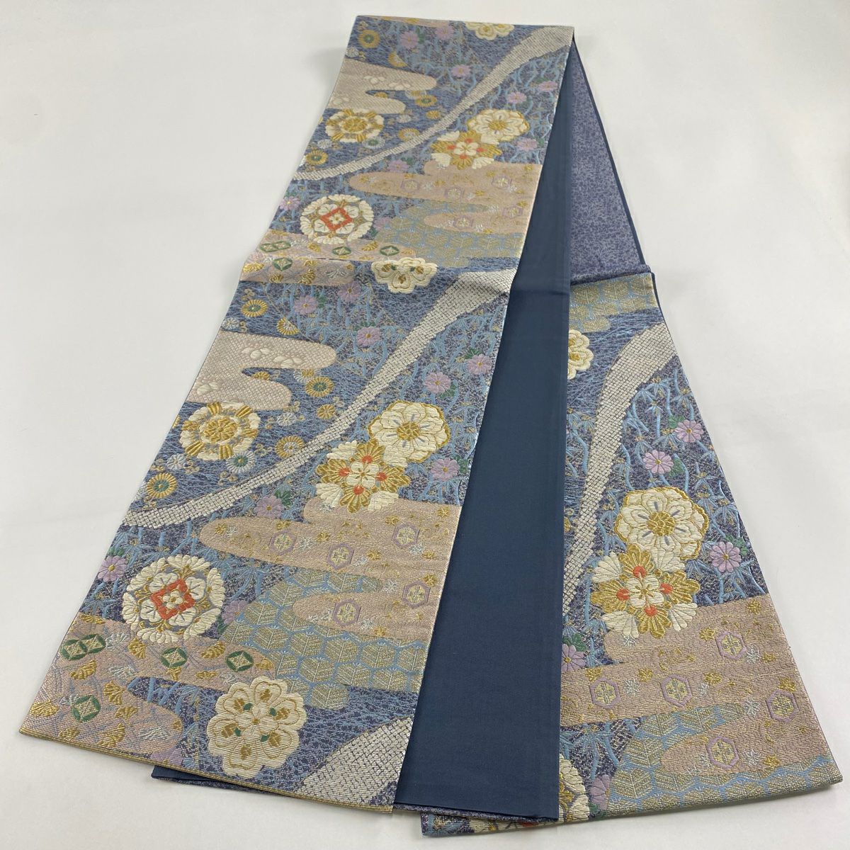 【庫存清倉】 【美品】 袋帶 名品級 華紋 ヱ霞 金銀線 金金箔 青灰 深藍色 六通 純蠶絲