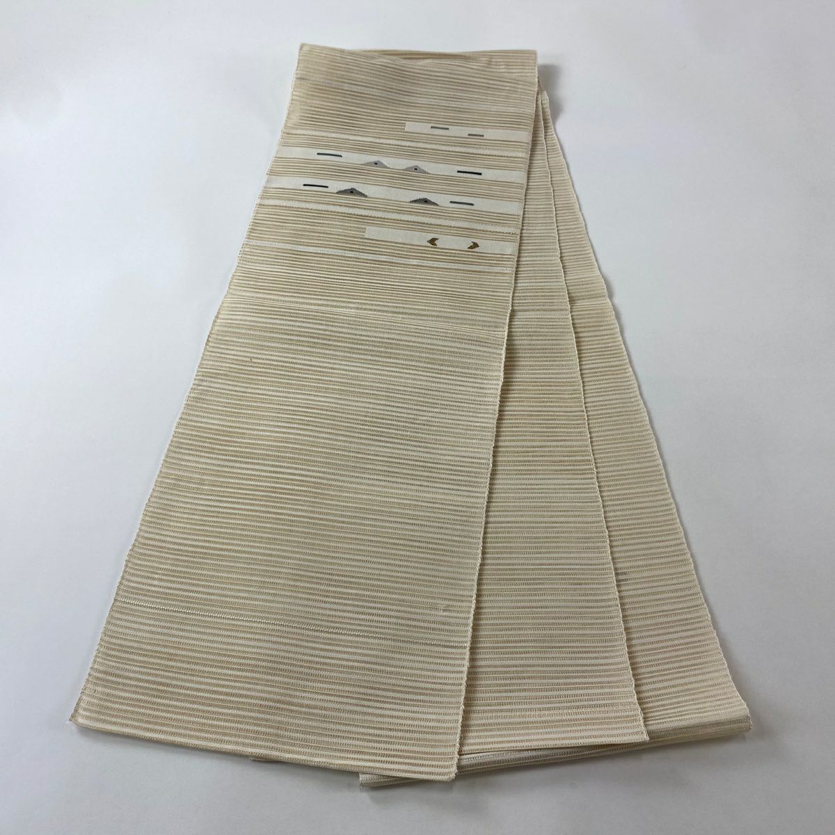 名古屋帶 優品級 夏帶 八寸名古屋帶 條紋 幾何圖案 金絲 奶油色 純蠶絲
