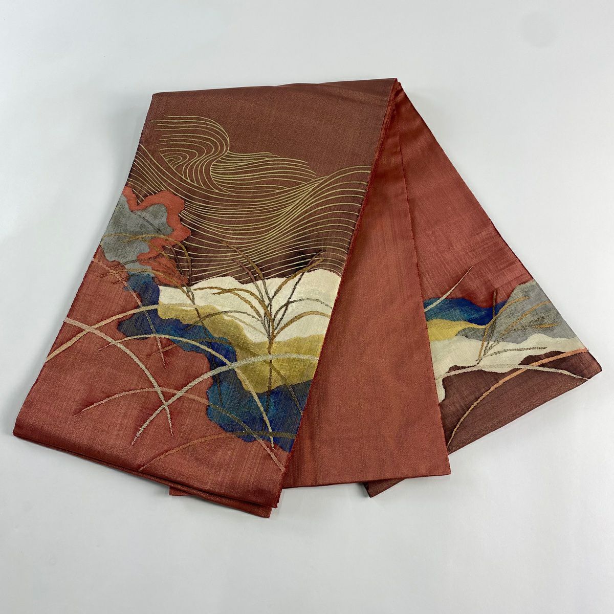 【美品】 袋帶 秀品級 蘆葦 波 金銀線 金銀彩 朱紅色 大鼓圖案 純蠶絲