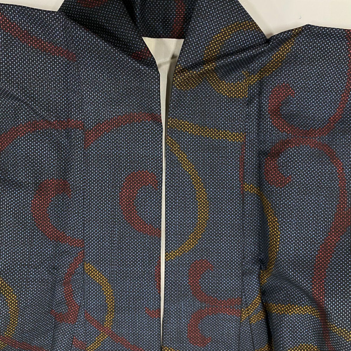 【美品】 紬織織 身長160cm 袖長62.5cm S 雙層 鈕扣領 唐草紋 純蠶絲 優品級