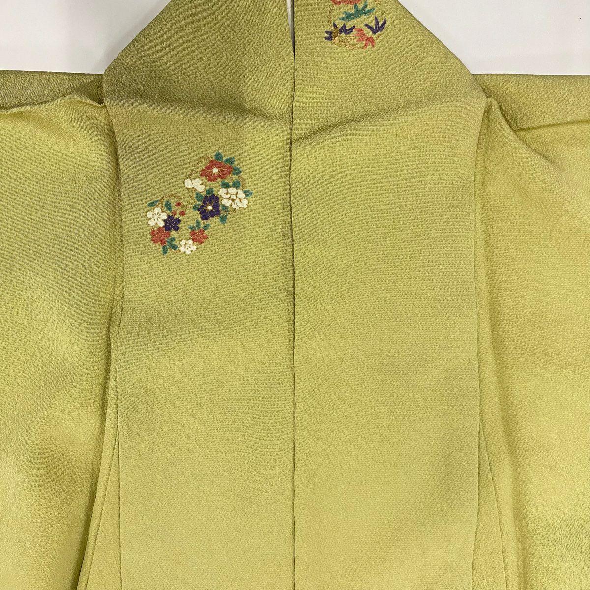 【美品】 小紋 身長152cm 袖長62.5cm S 雙層 花丸紋 草花紋紋 金銀彩 絞織 抹茶 純蠶絲 秀品級