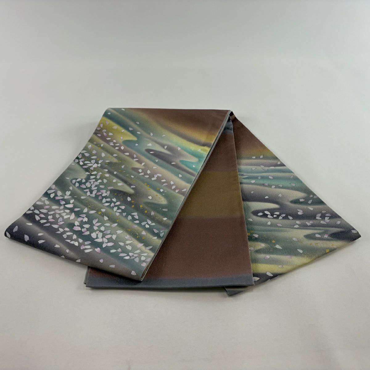 【庫存清倉】 【美品】 袋帶 名品級 花瓣 霞 金銀彩 漸層 青灰 純蠶絲