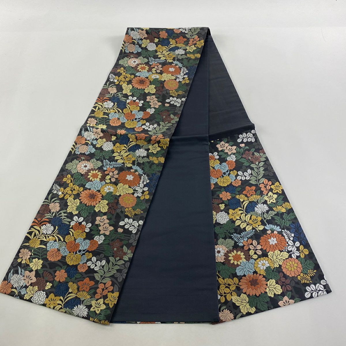 【庫存清倉】 【美品】 袋帶 名品級 秋草 唐織 深藍 六通 純蠶絲