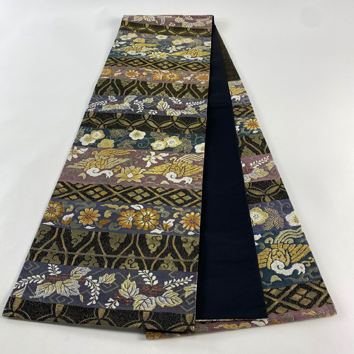 【庫存清倉】 【美品】 袋帶 名品級 鳳凰 草花紋 金糸 金金箔 黑 六通 純蠶絲