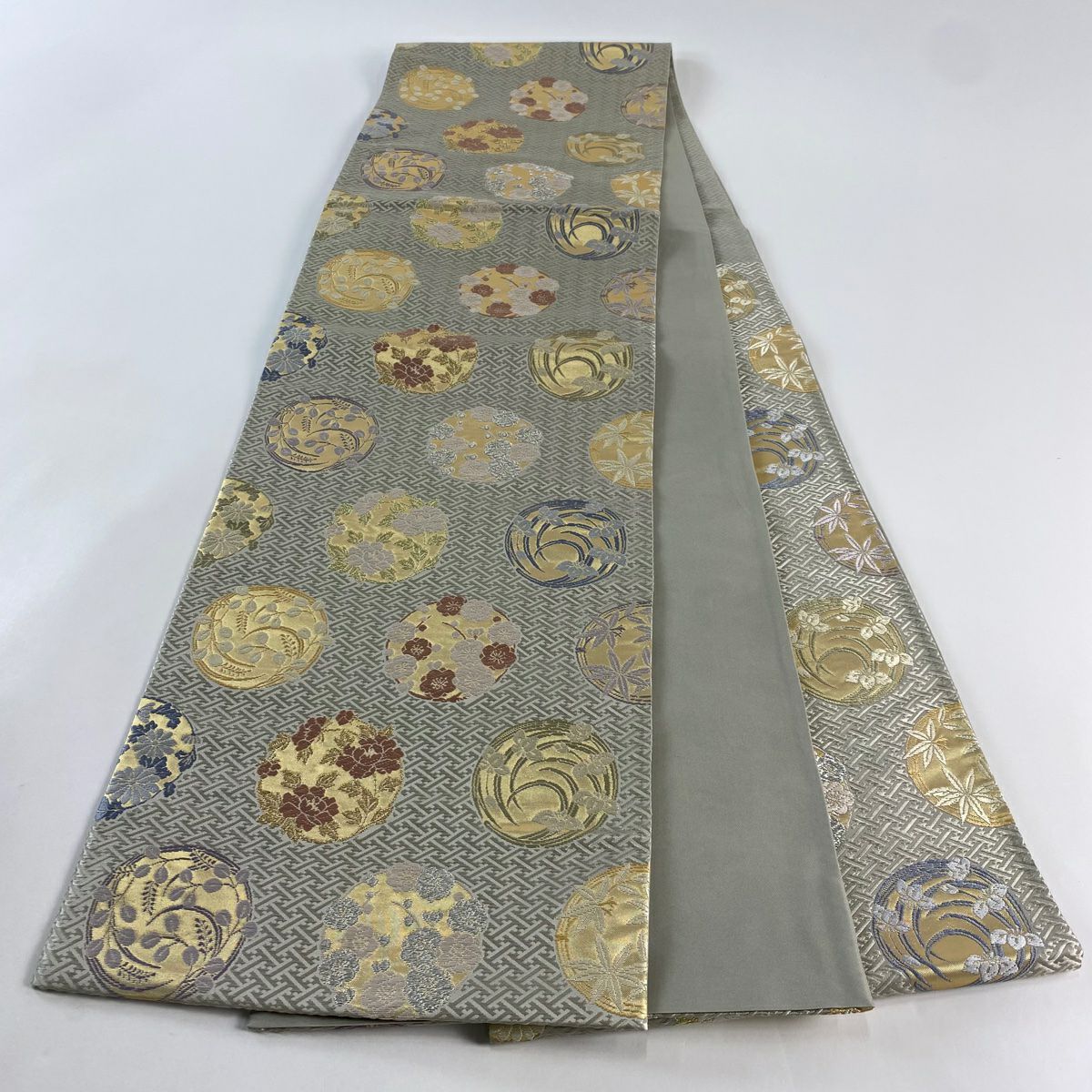 【庫存清倉】 【美品】 袋帶 名品級 能衣花乃圓文 金銀絲 金金箔 灰色 六通 純蠶絲