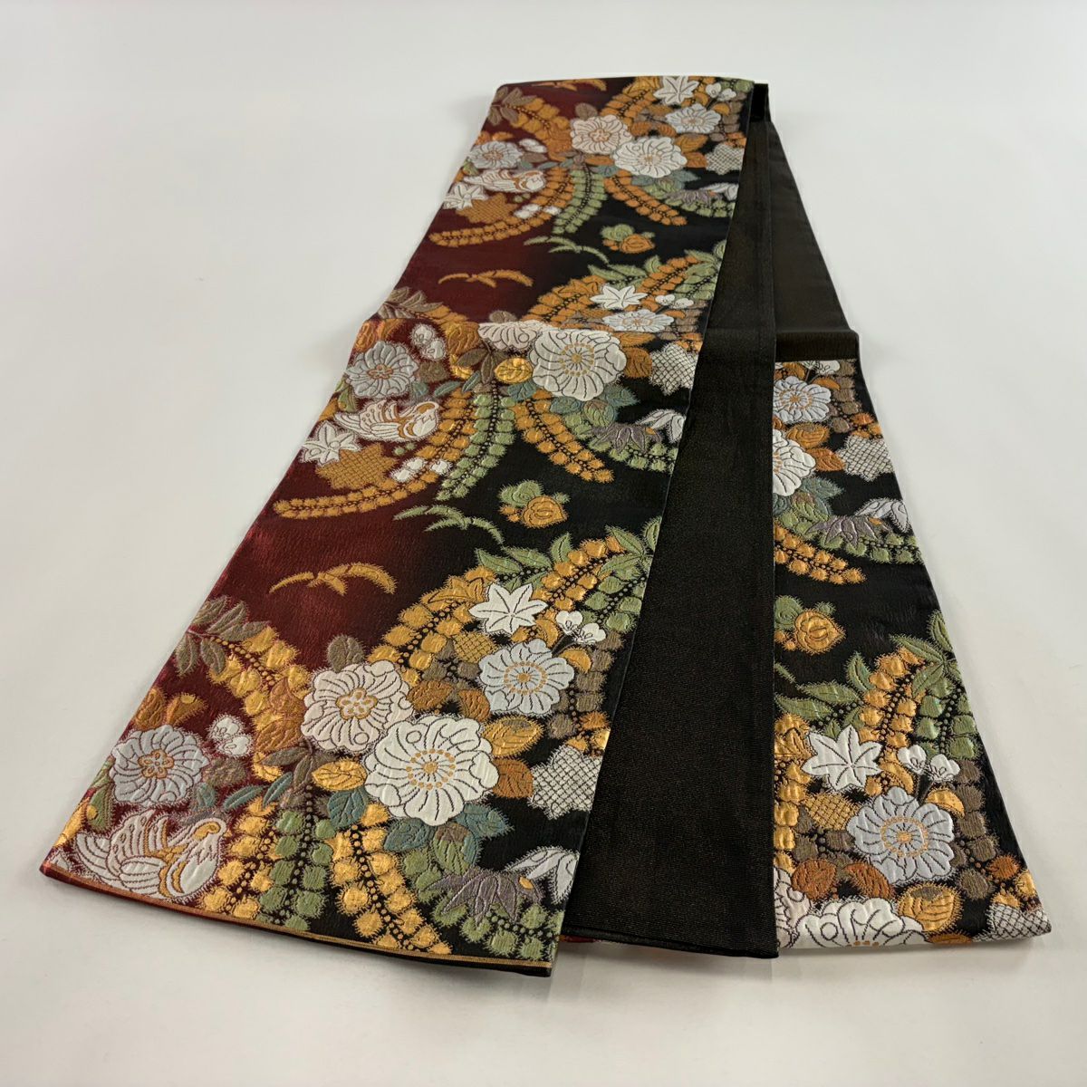 【庫存清倉】 【美品】 袋帶 名品級 辻花染 鳥 金金箔 金絲 紅茶 六通 純蠶絲