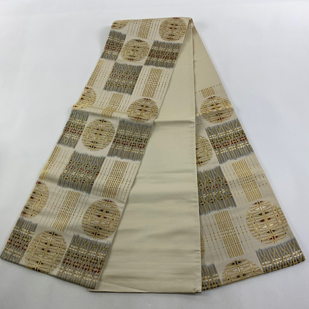 【庫存清倉】 【美品】 袋帶 名品級 新涼文 幾何圖案 市松樹 金絲 米色 六通 純蠶絲