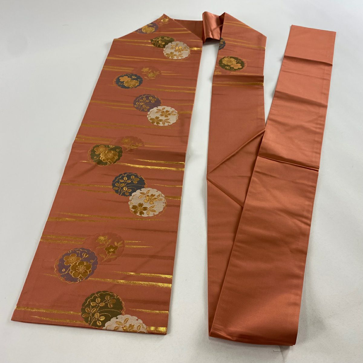 【美品】 名古屋帶 優品級 雪輪 霞 金金箔 鮭粉色 純蠶絲