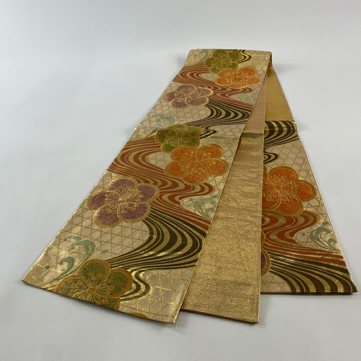 【美品】 袋帶 秀品級 梅花 流水 金絲 金金箔 金色 六通 純蠶絲