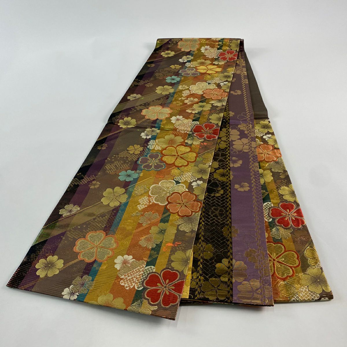 【美品】 袋帶 秀品級櫻花條紋金金箔金絲紫色六通純蠶絲