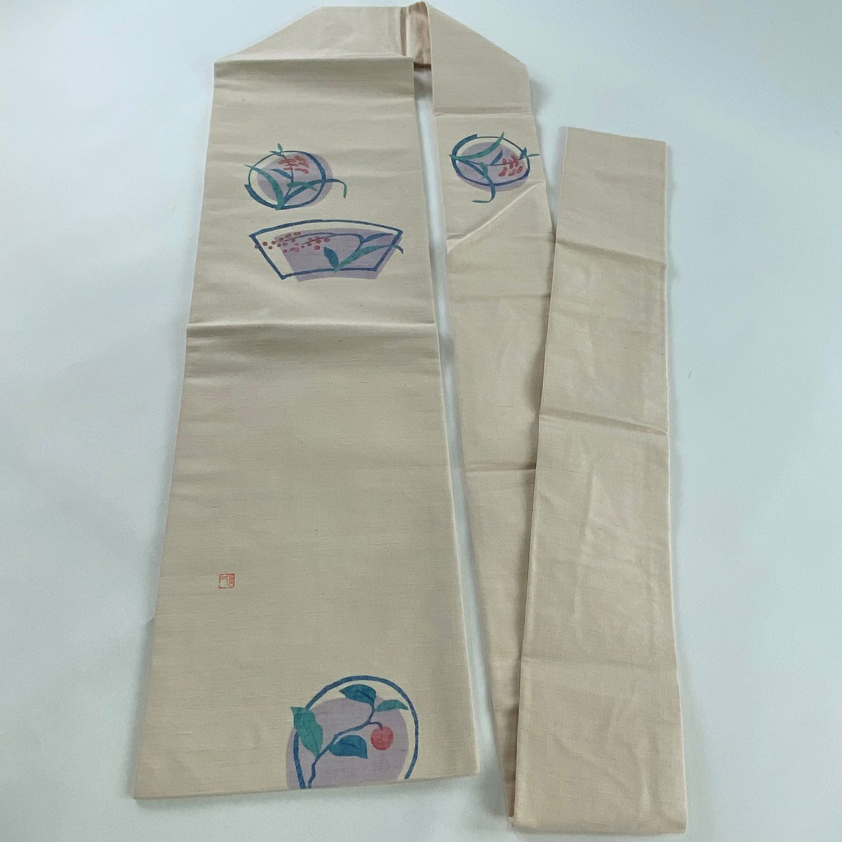 【美品】名古屋帶 秀品級 有落款 扇子面 葉與果實 銀線 金銀彩 淺粉色 純蠶絲