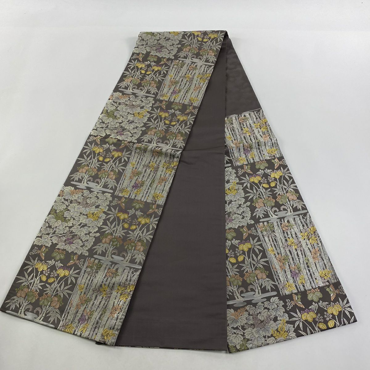 【美品】 袋帶 逸品級 金金箔屋清兵衛 落款 草花紋紋 鳥 金絲 金金箔 灰紫 六通 純蠶絲