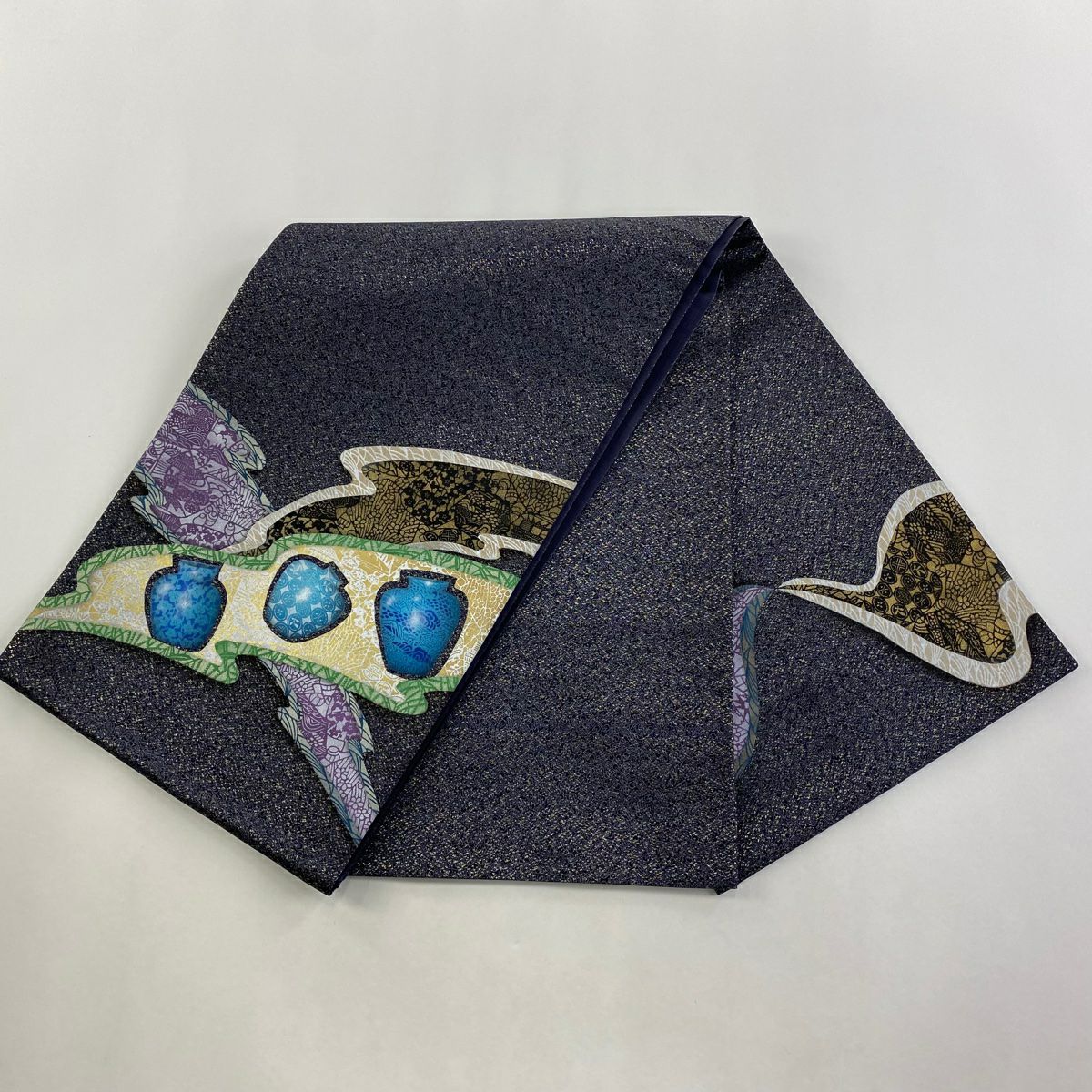 【庫存清倉】 【美品】 袋帶 名品級 附落款 花器 松樹竹子梅花 金金箔 金彩裝飾 青紫 大鼓圖案 純蠶絲