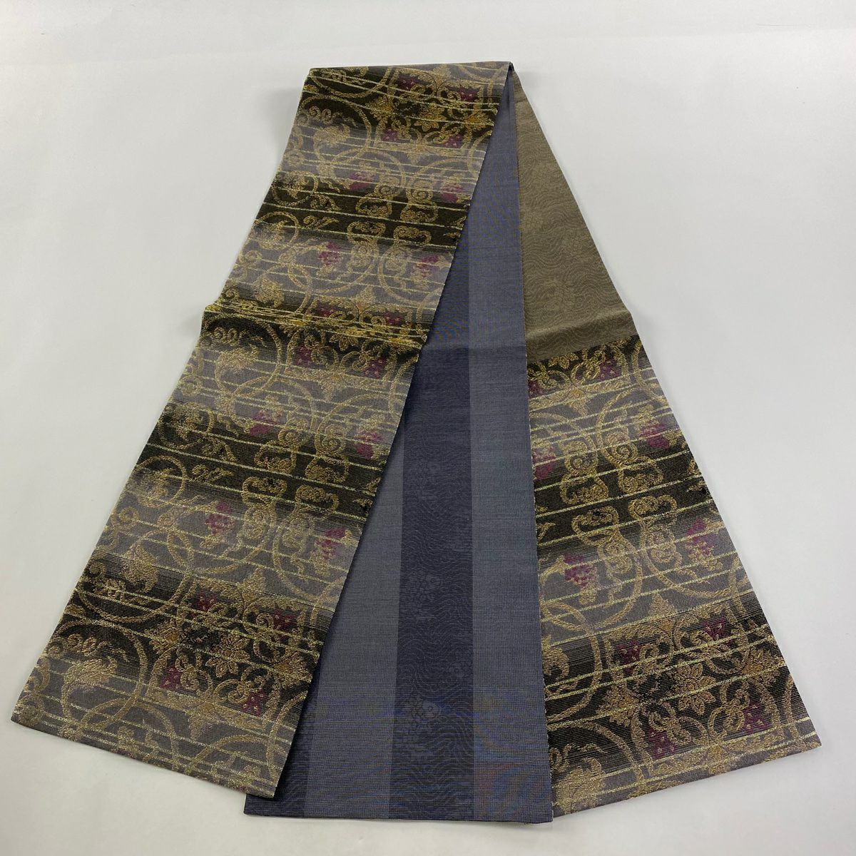 【庫存清倉】 【美品】 袋帶 名品級 段紋 葡萄唐草紋 金絲 金金箔 灰茶 六通 純蠶絲