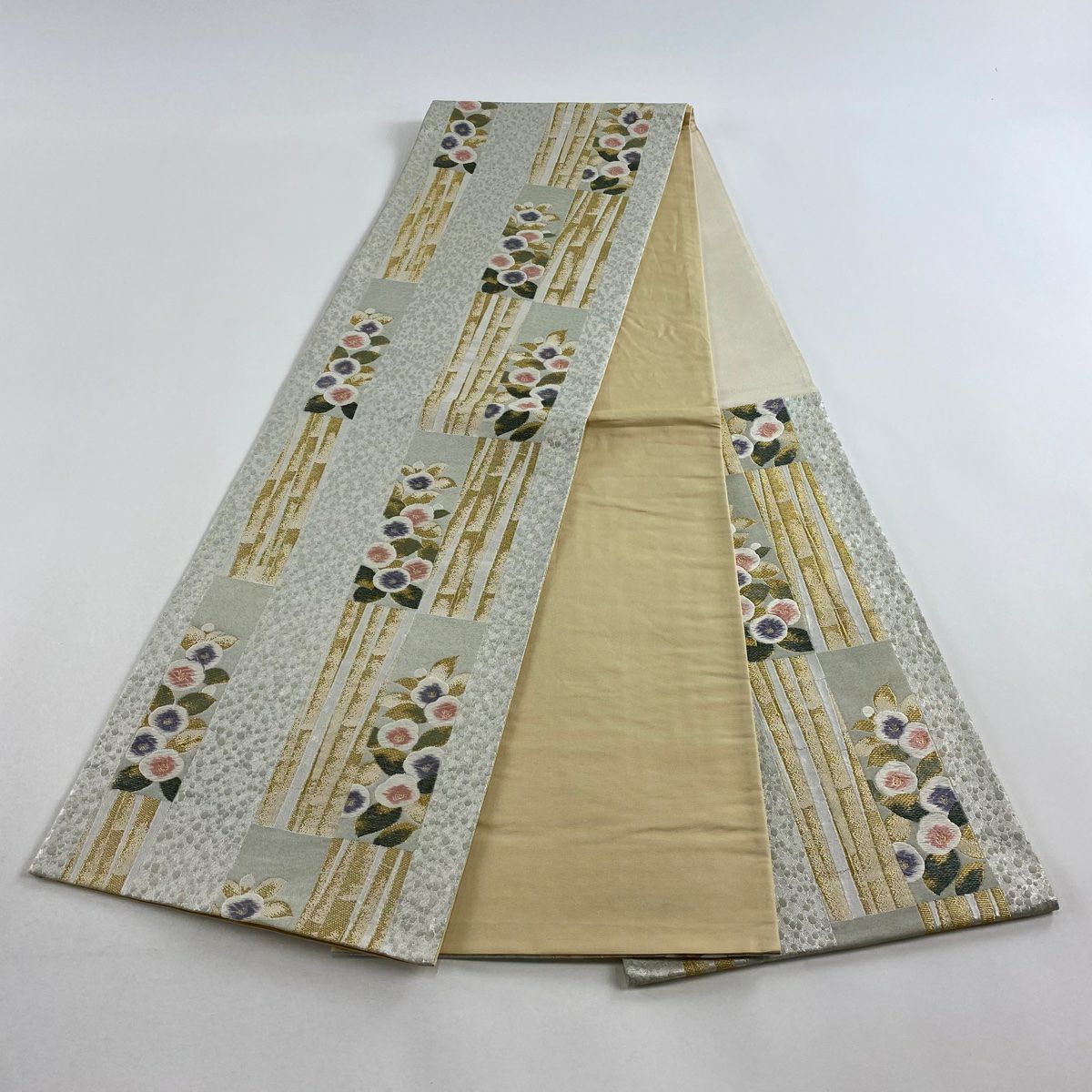 袋帶 秀品級 草花紋紋 竹子 金絲 金金箔 淺綠 六通 純蠶絲