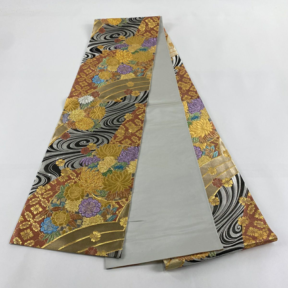 【美品】 袋帶 秀品級 花丸紋 櫻花 金銀彩 金金箔 紅茶 全通 純蠶絲