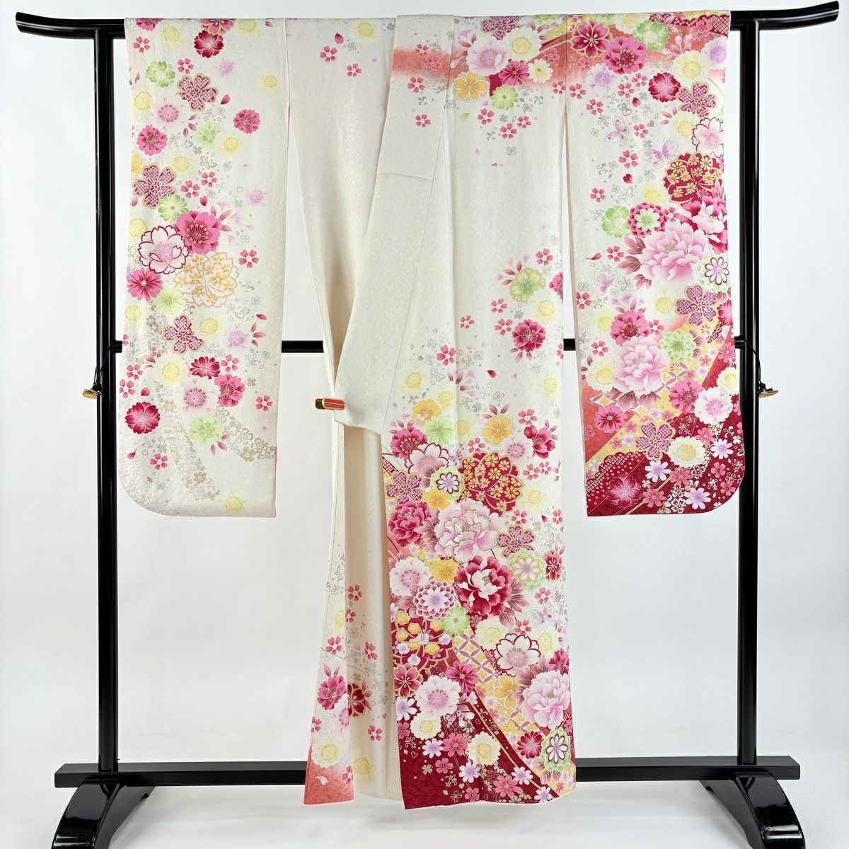 振袖禮服 身長157.5cm 袖長64.5cm M 雙層 牡丹 櫻花 金銀彩 金金箔 奶油色 純蠶絲 逸品級