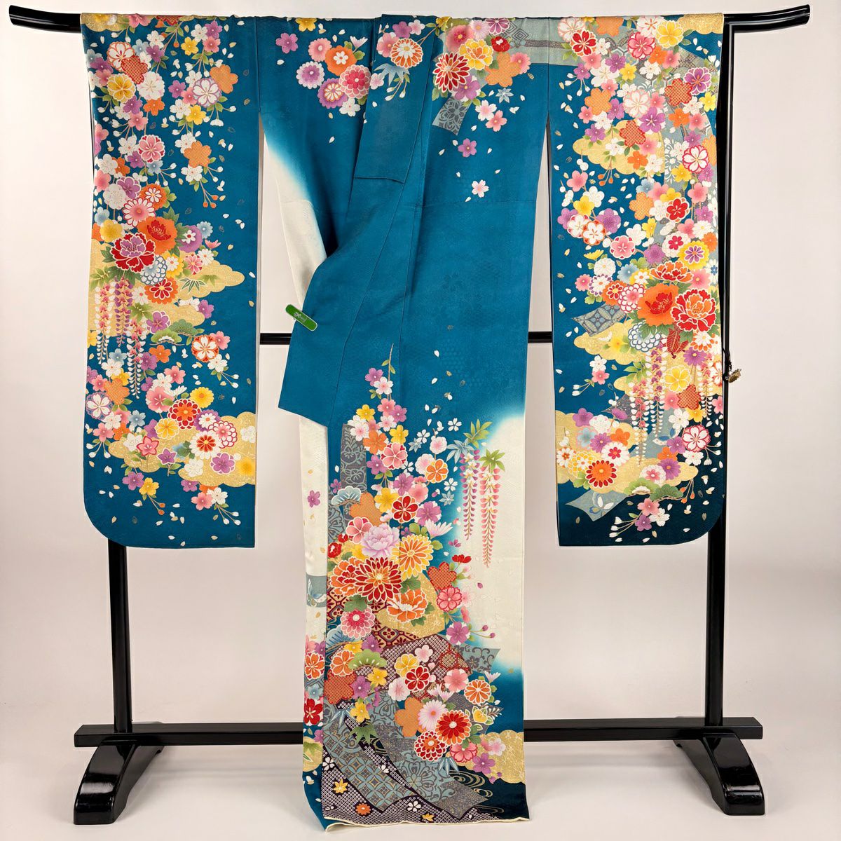 振袖禮服 身長169cm 袖長70cm L 雙層 菊花 扇子面 金糸 銀通 青綠 純蠶絲 逸品級