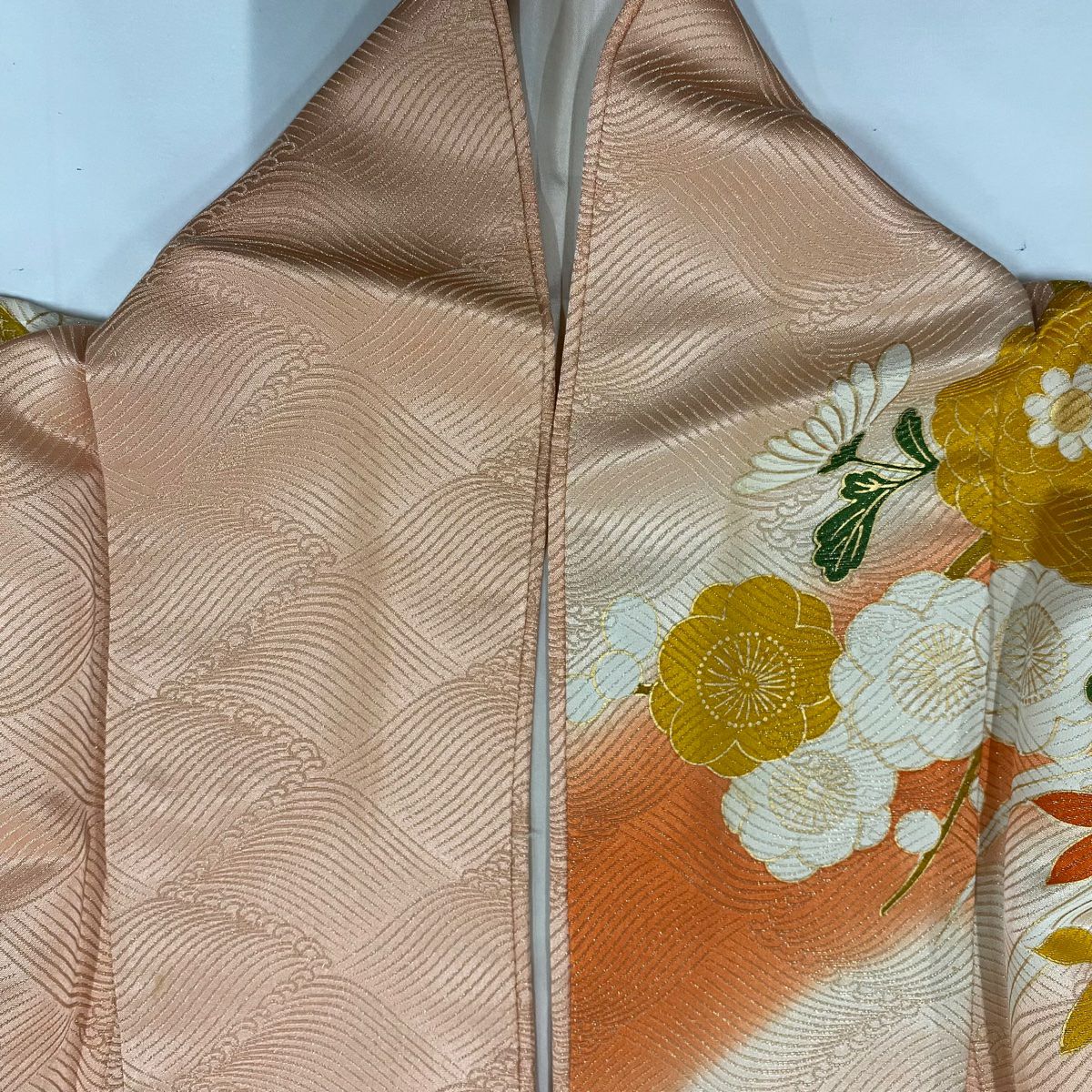 【庫存清倉】振袖禮服 身長150.5cm 袖長61cm S 雙層 花籠 波 金絲 金銀彩 橙色 純蠶絲 名品級