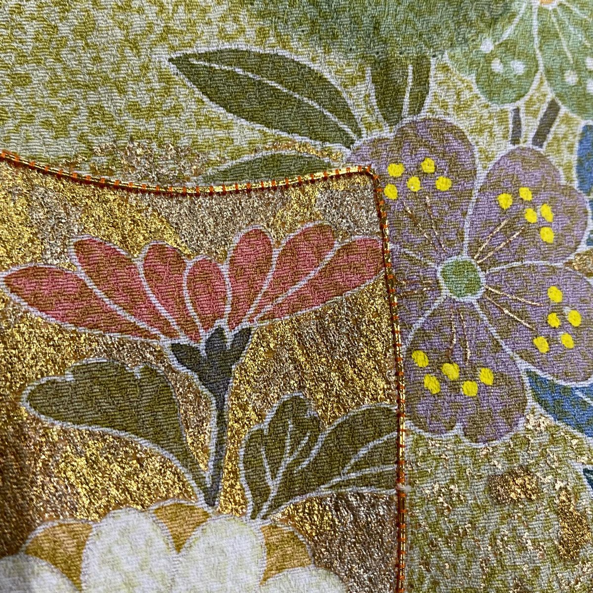 【庫存清倉】訪問服 身長164.5cm 袖長67cm M 雙層 短冊 草花紋紋 金絲 金銀彩 灰綠 純蠶絲 名品級