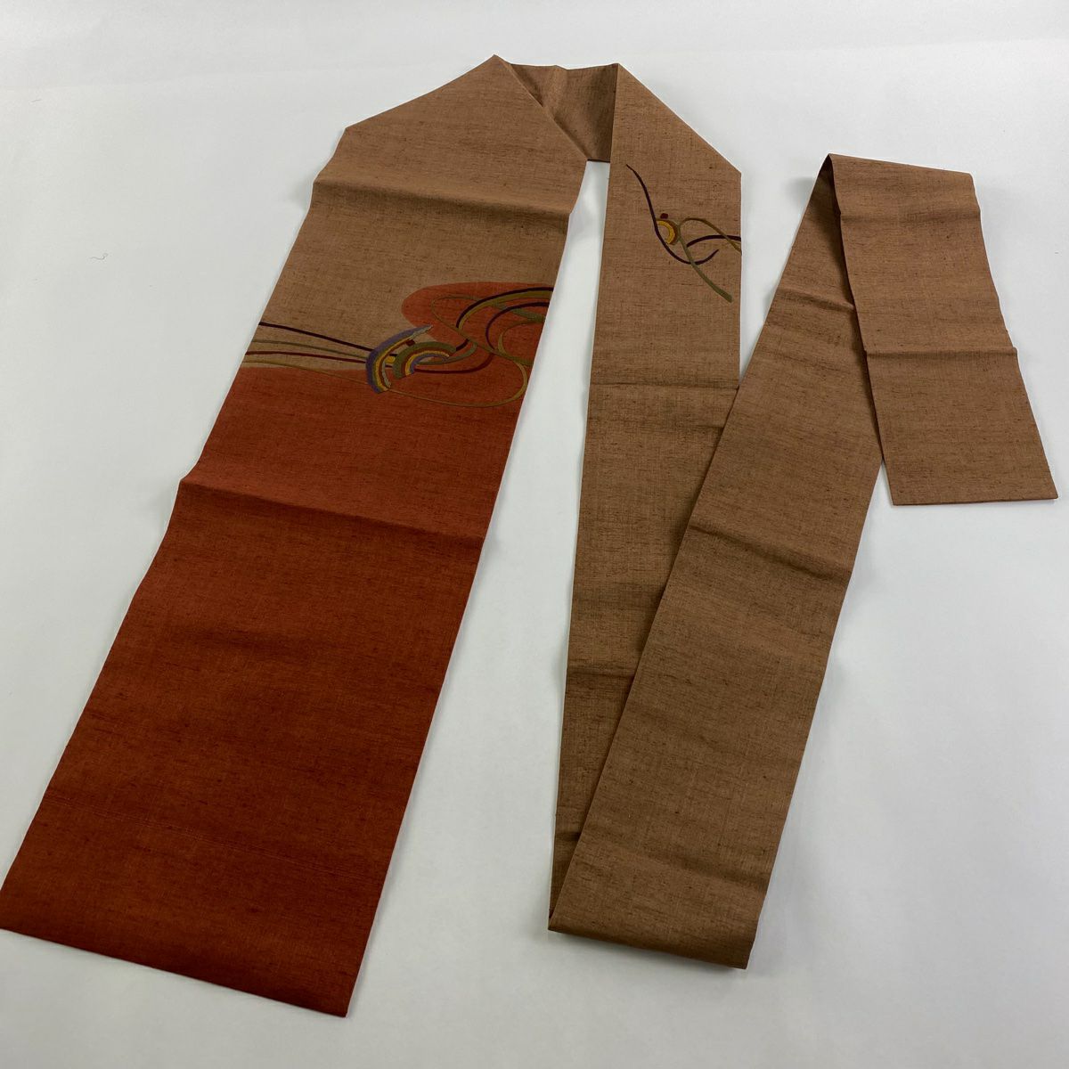 【美品】名古屋帶 秀品級 紬織織 霞 幾何學圖案 紅茶 純蠶絲