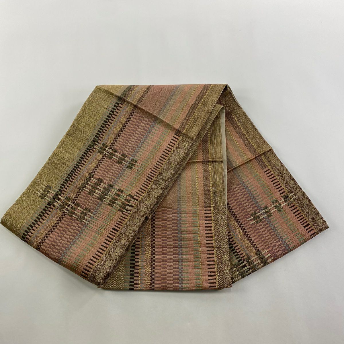 【美品】 袋帶 秀品級 縞 幾何學 金絲 粉紅 お太鼓圖案 純蠶絲