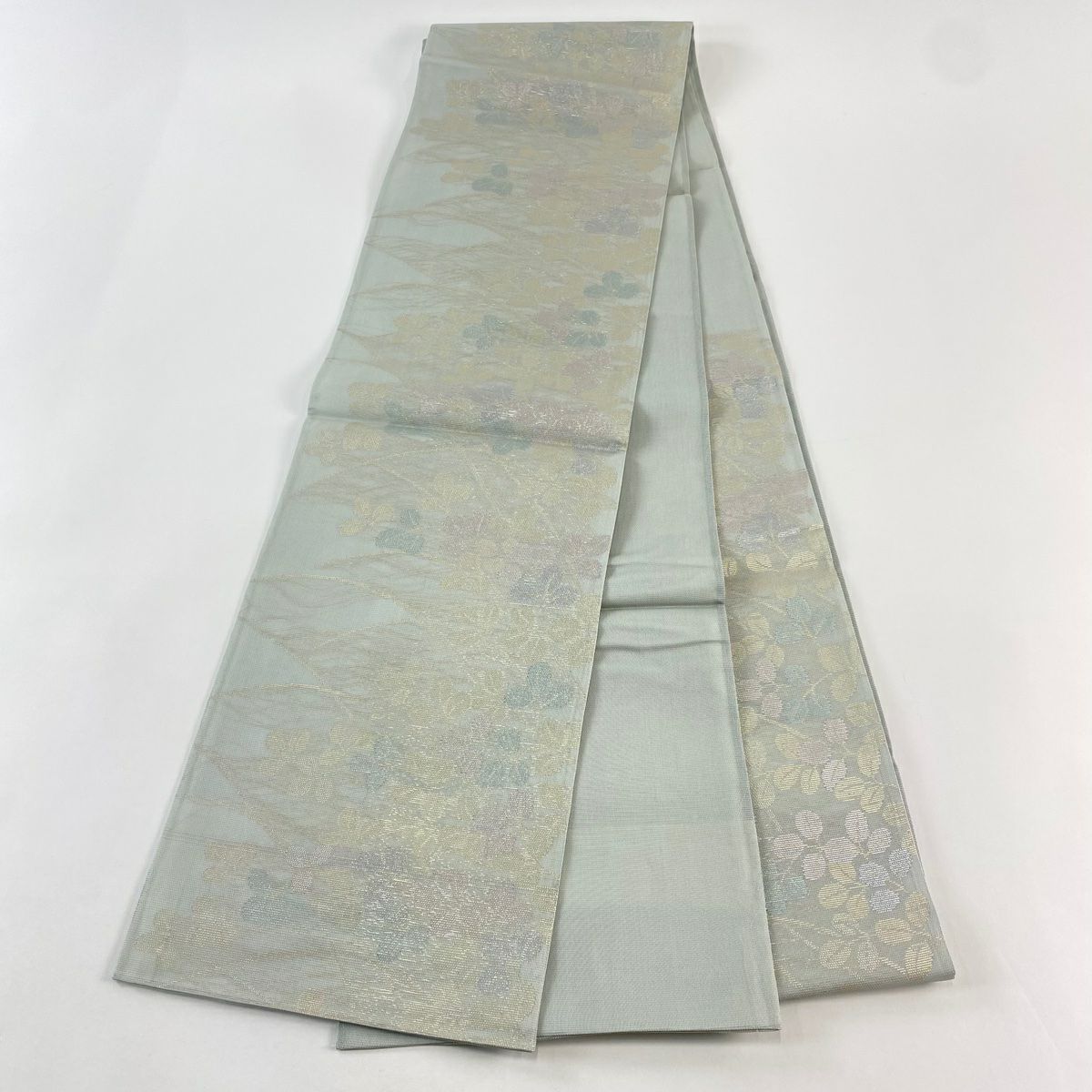 【美品】 袋帶 秀品級 夏帶 萩 金金箔 青灰 六通 純蠶絲