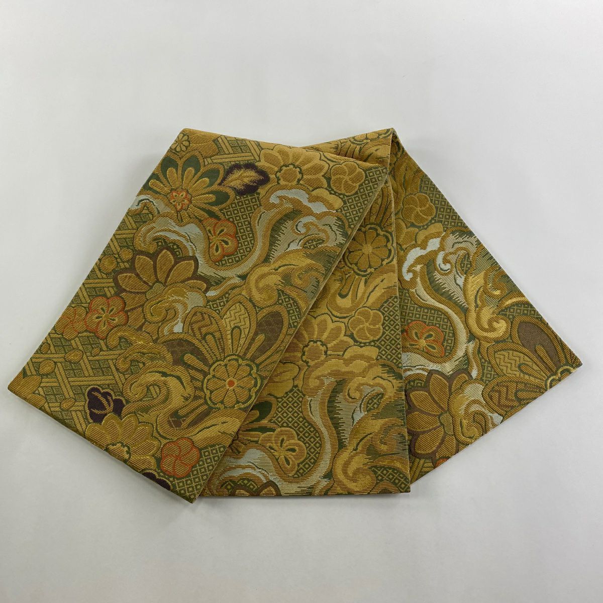 【庫存清倉】 【美品】 袋帶 名品級 草花紋紋 波頭 金金箔 灰綠 六通 純蠶絲