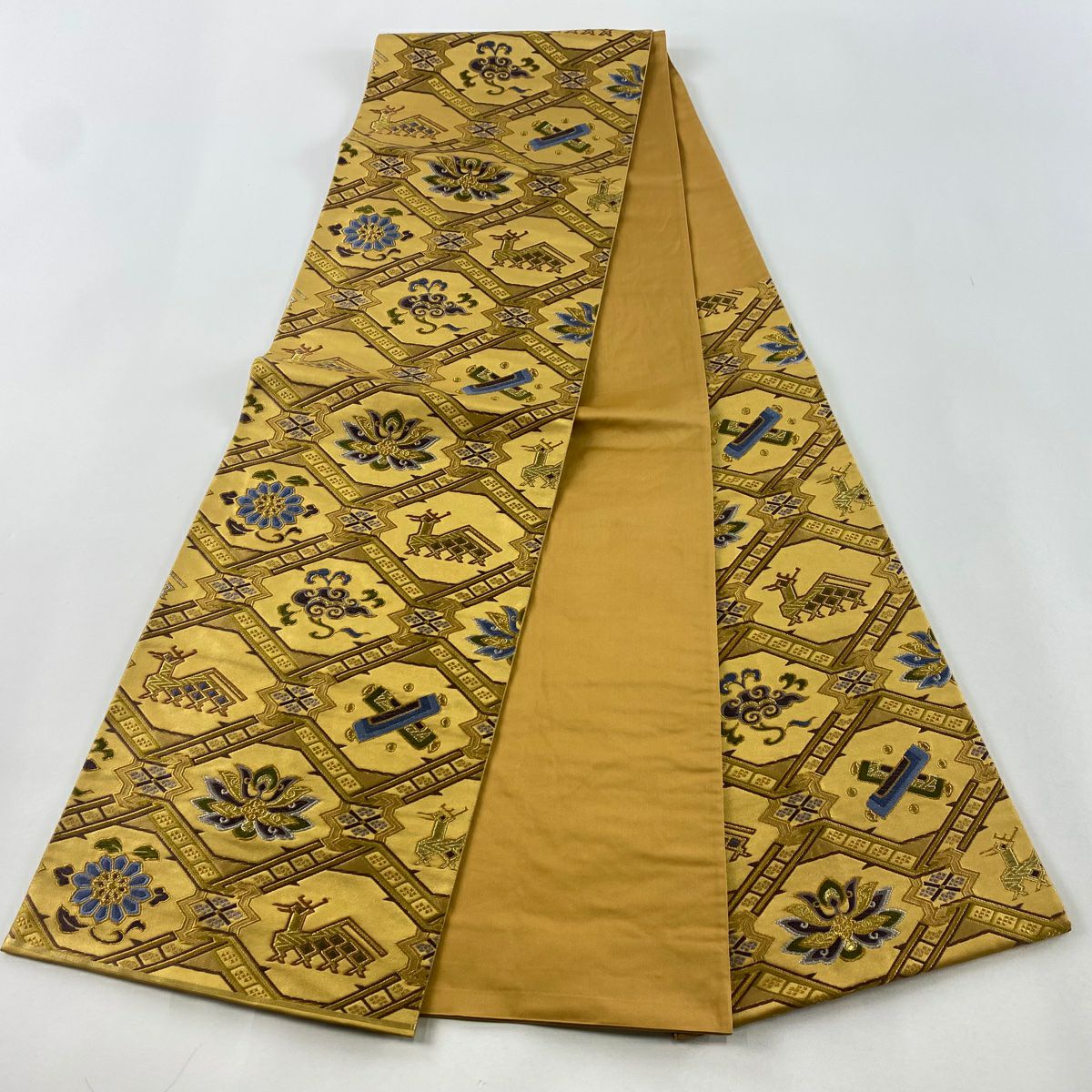 【庫存清倉】 【美品】 袋帶 名品級 附落款 本家加納 有栖川 華紋 唐織 金銀絲 金色 六通 純蠶絲