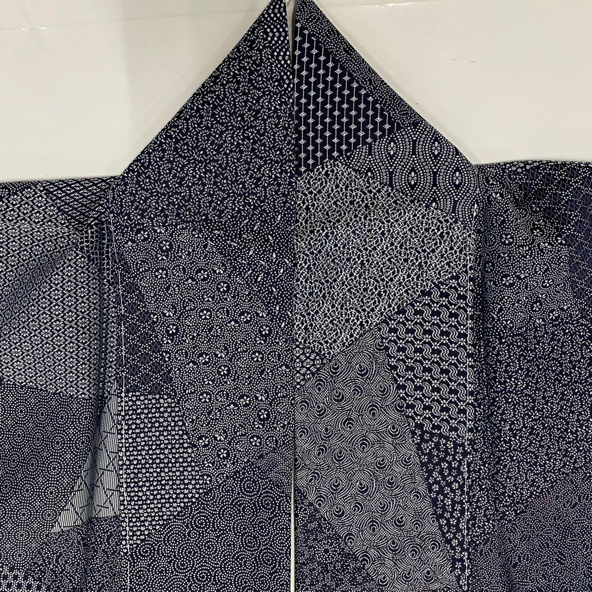 【庫存清倉】 【美品】 小紋 身長156cm 袖長62cm S 雙層 寄せ柄 小花 深藍 純蠶絲 名品級