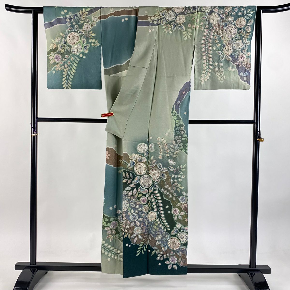 訪問服 身長155cm 袖長64.5cm M 雙層 翠山工房 落款あり 辻花染 道長取 金通 金銀彩 淡綠 純蠶絲 逸品級