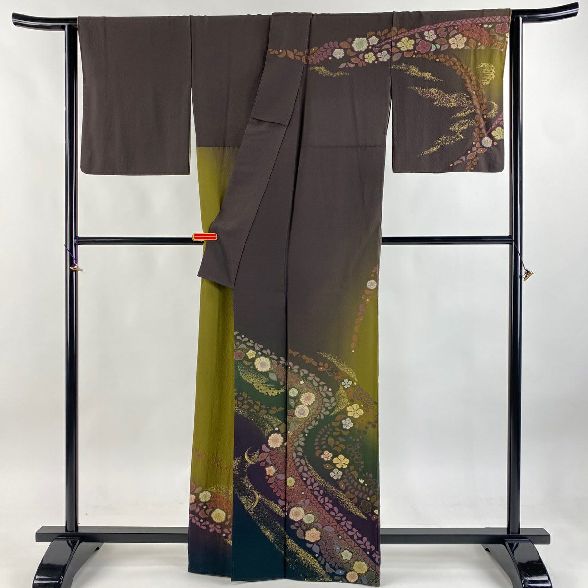 【美品】訪問服 身長164cm 袖長66.5cm M 雙層 吉乃一廉 落款あり 辻花染 金銀彩 漸層 茶紫 純蠶絲 逸品級