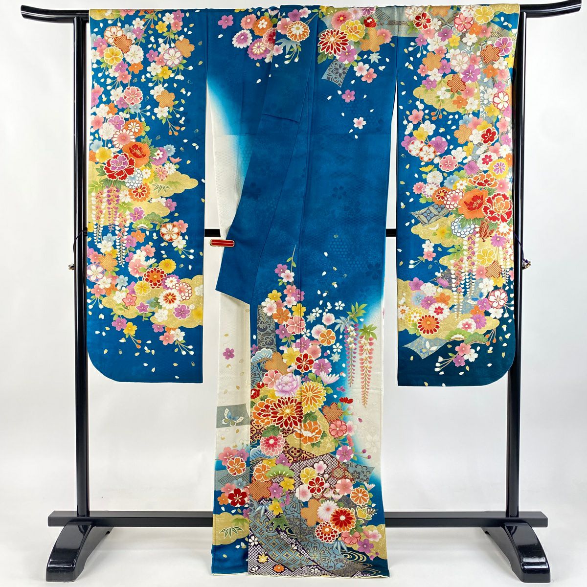 【美品】振袖禮服 身長171cm 袖長67cm M 雙層 菊花 扇子面 銀通 金絲 青綠 純蠶絲 逸品級