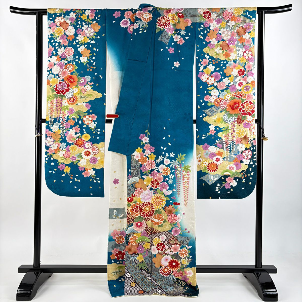 【美品】振袖禮服 身長170cm 袖長68cm L 雙層 扇子面 草花紋紋 銀通 金糸 青綠 純蠶絲 逸品級