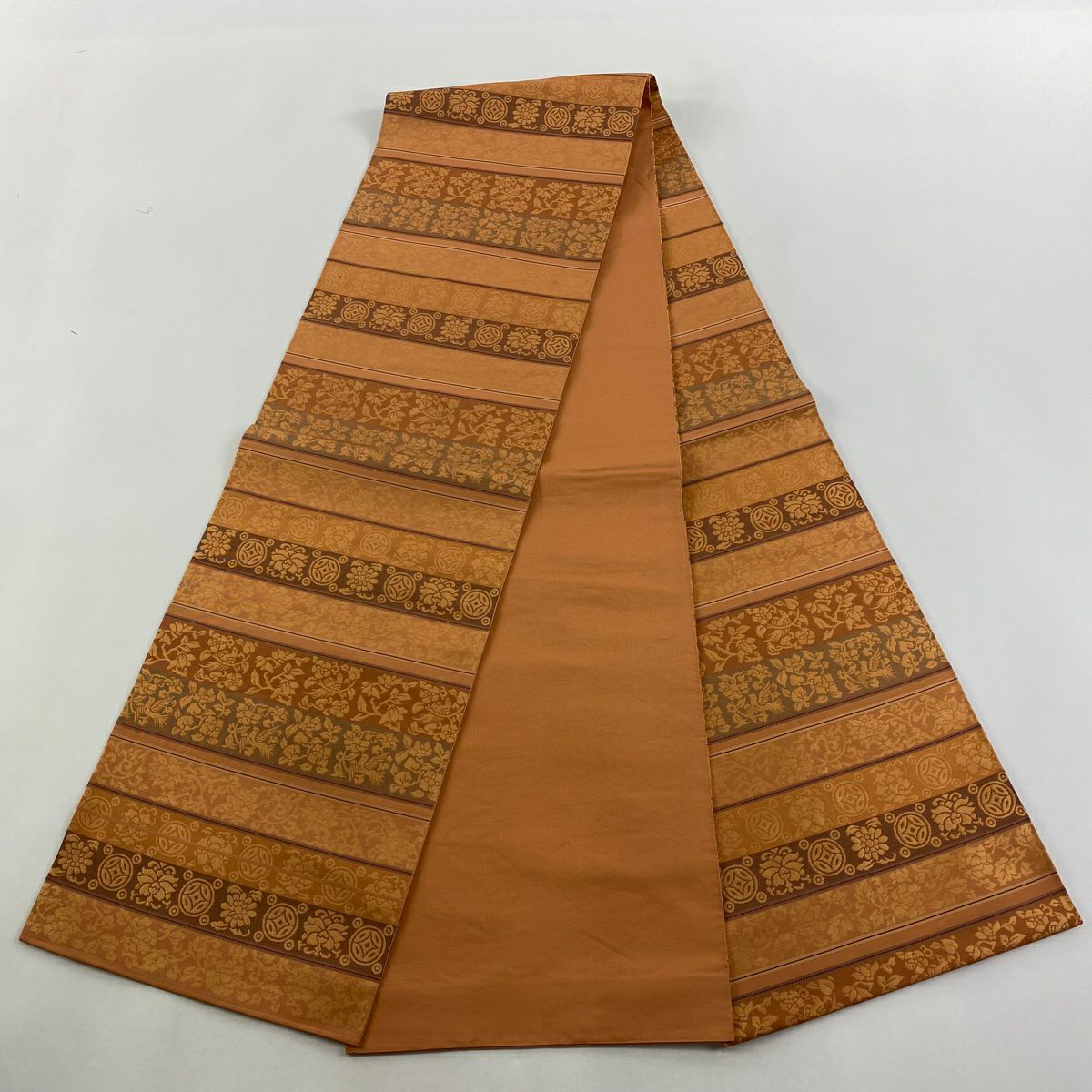 【美品】 袋帶 秀品級 關西仕立 花鳥 花唐草紋 金金箔 橙色 全通 純蠶絲