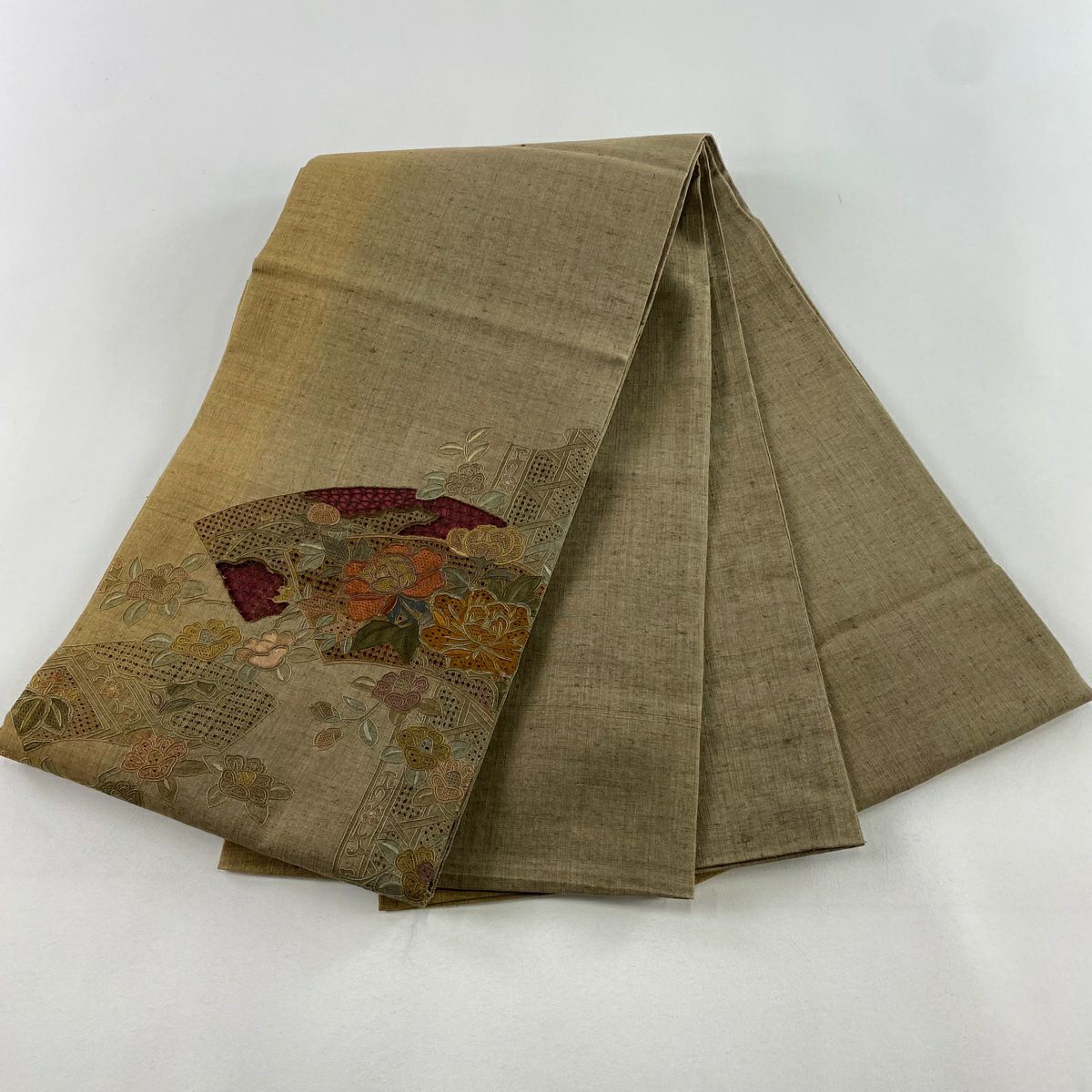 【美品】 袋帶 秀品級 扇子面 草花紋刺繡 漸層 茶綠 金銀彩 純蠶絲