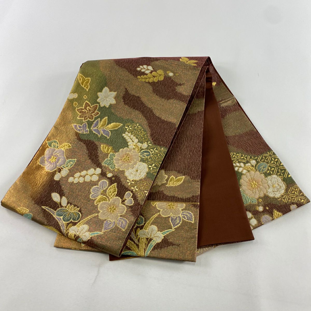 【美品】 袋帶 秀品級 草花紋紋 霞 金金箔 金通 茶紫 お太鼓圖案 純蠶絲