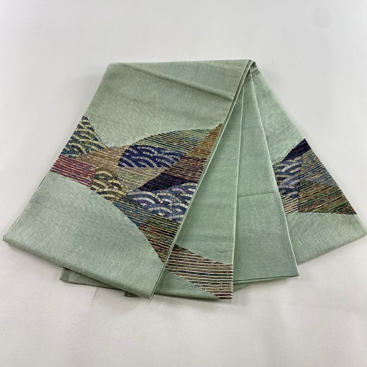 袋帶 秀品級 波 幾何圖案 金金箔 淺綠色 大鼓圖案 純蠶絲