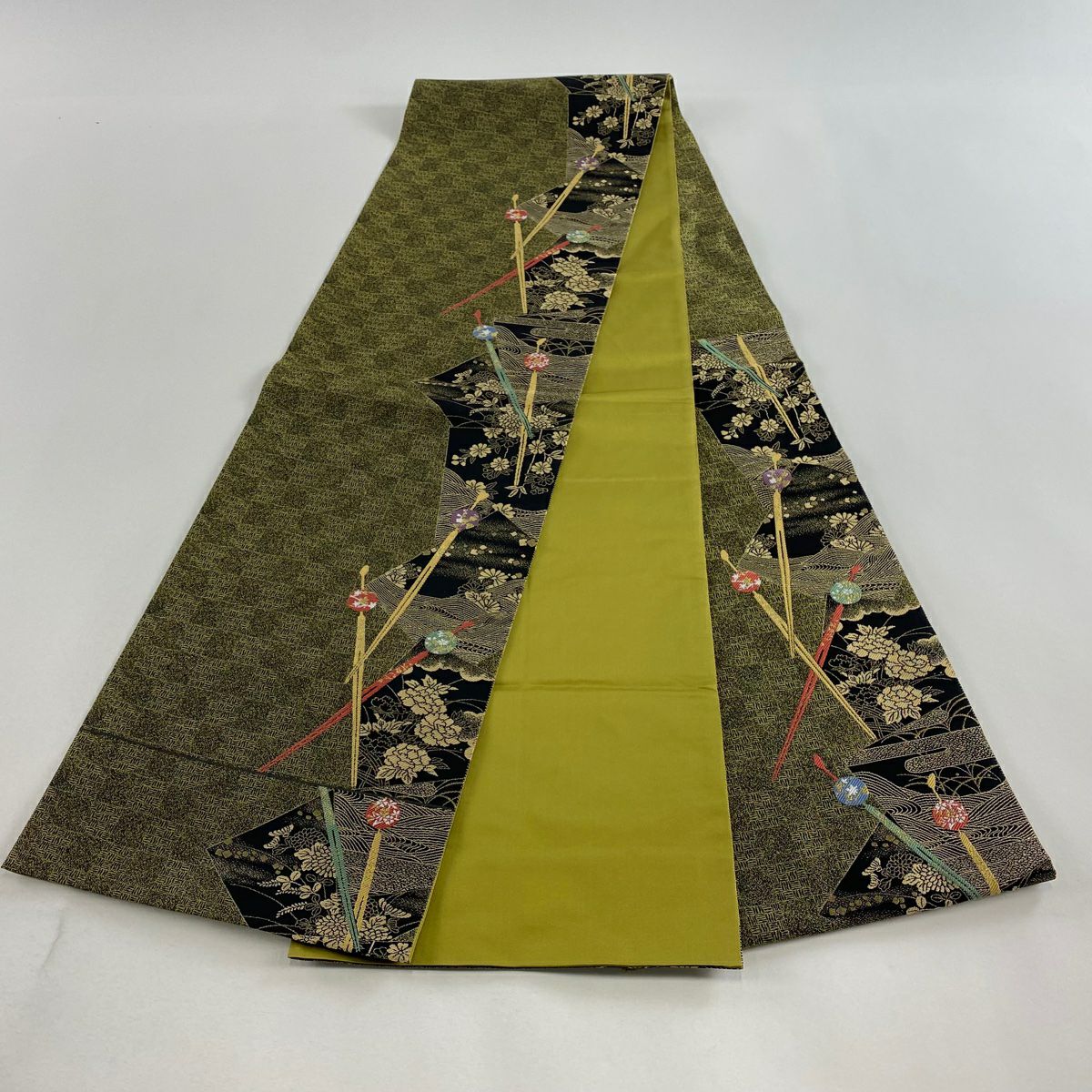【美品】 袋帶 秀品級 髮簪 牡丹 金絲 鶯色 六通 純蠶絲