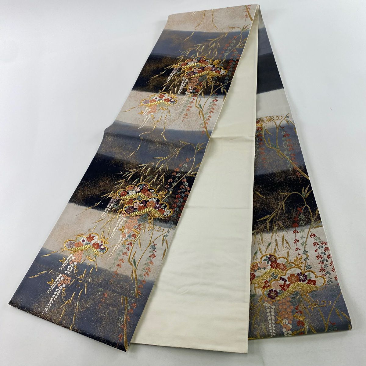 【美品】 袋帶 秀品級 松樹竹子梅花 草花紋 金糸 金金箔 青灰 深藍色 六通 純蠶絲