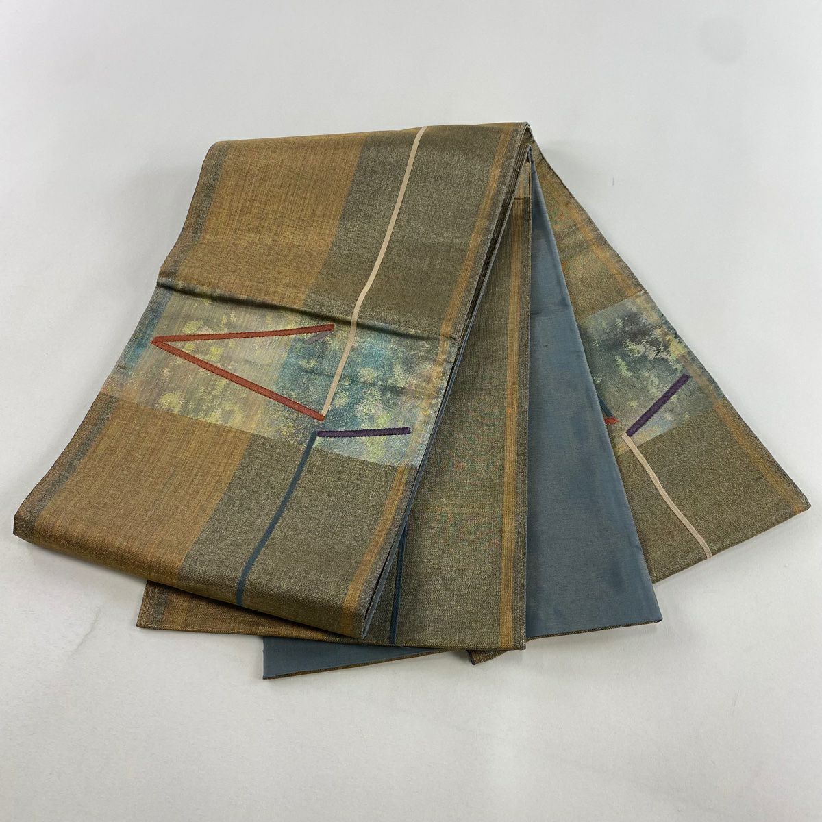 袋帶 秀品級 幾何學 金絲 金金箔 茶 お太鼓圖案 純蠶絲