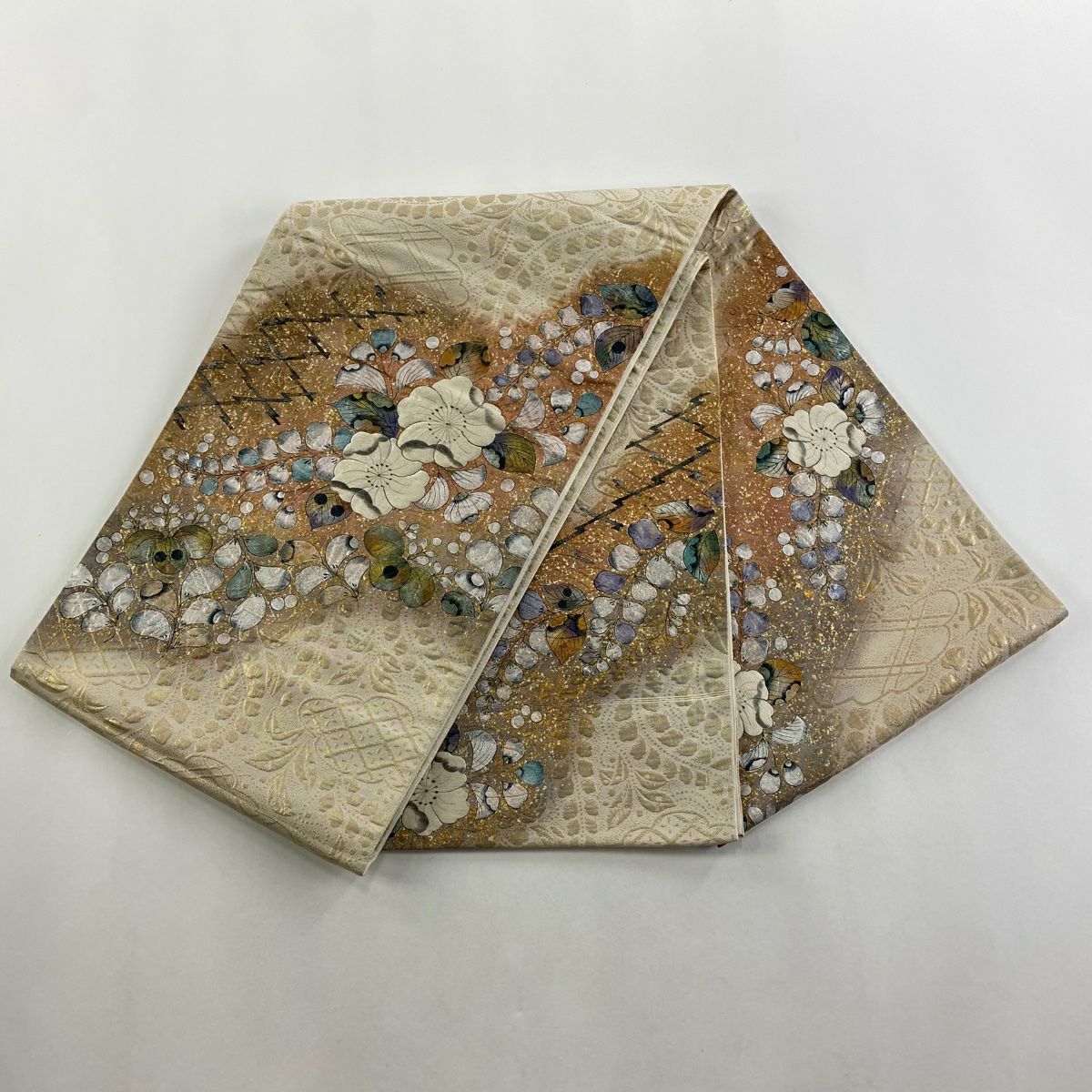 【庫存清倉】 【美品】 袋帶 名品級 辻花染 松樹皮菱 金銀彩 金金箔 米色 大鼓圖案 純蠶絲