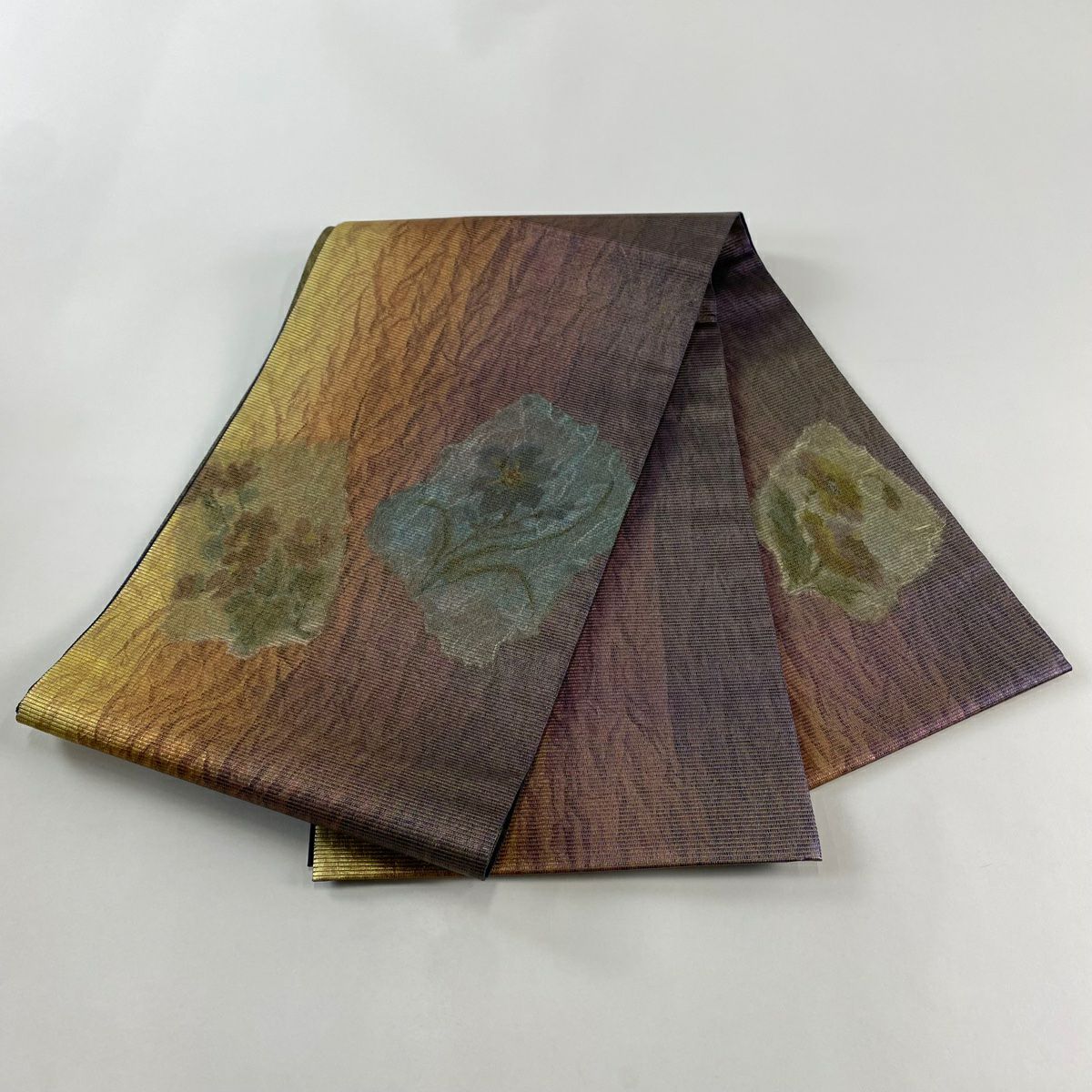 【美品】 袋帶 優品級 草花紋幾何學 金絲 拉麵絲 紫色 大鼓圖案 純蠶絲