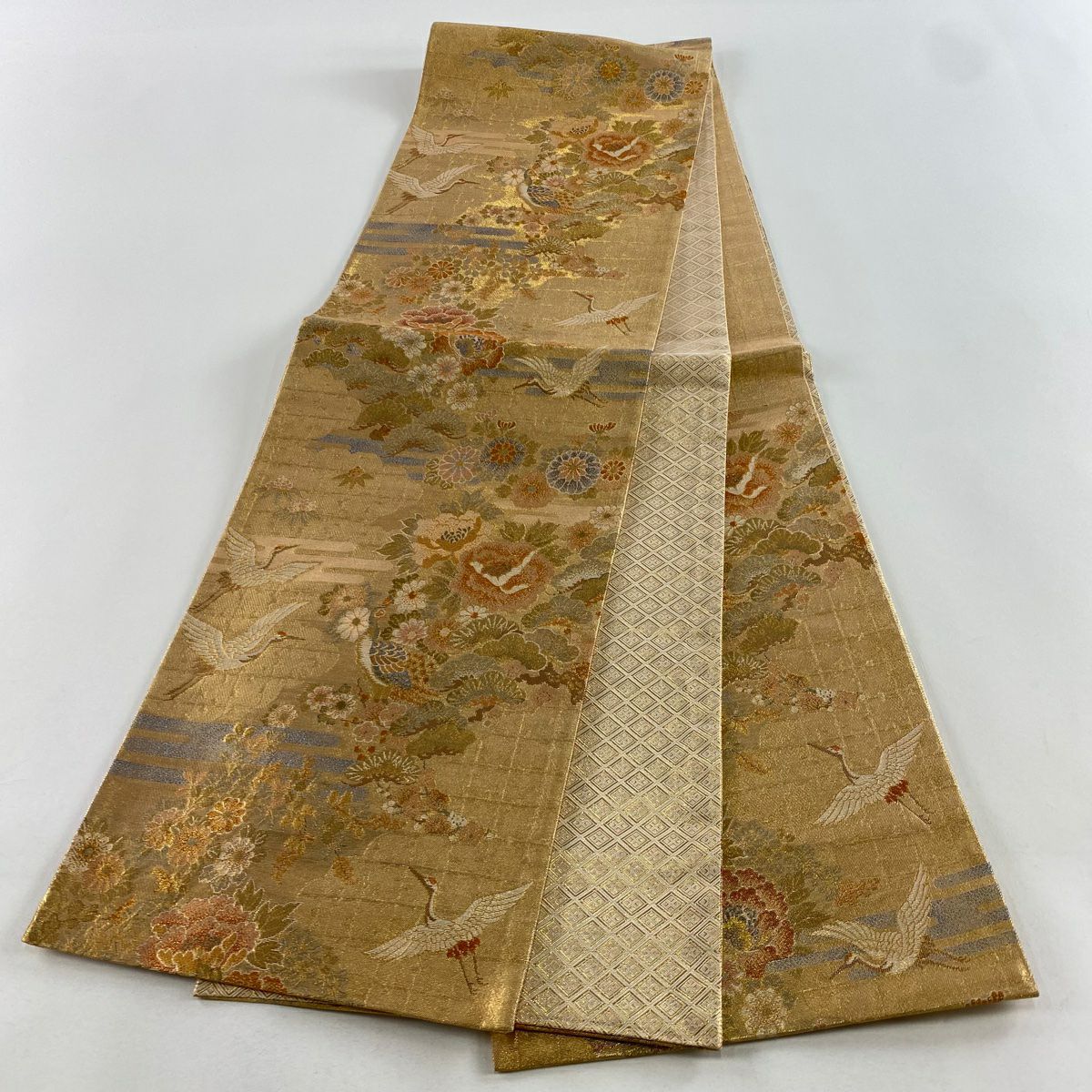 【美品】 袋帶 秀品級 花鳥 松樹竹子梅花 金金箔 金色 六通 純蠶絲