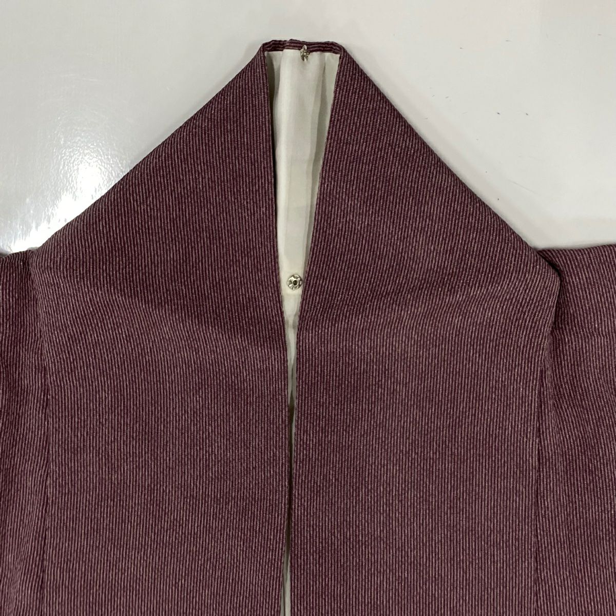 【美品】 小紋 身長156cm 袖長65cm M 雙層 落款あり 縞 縮緬 紫 純蠶絲 秀品級