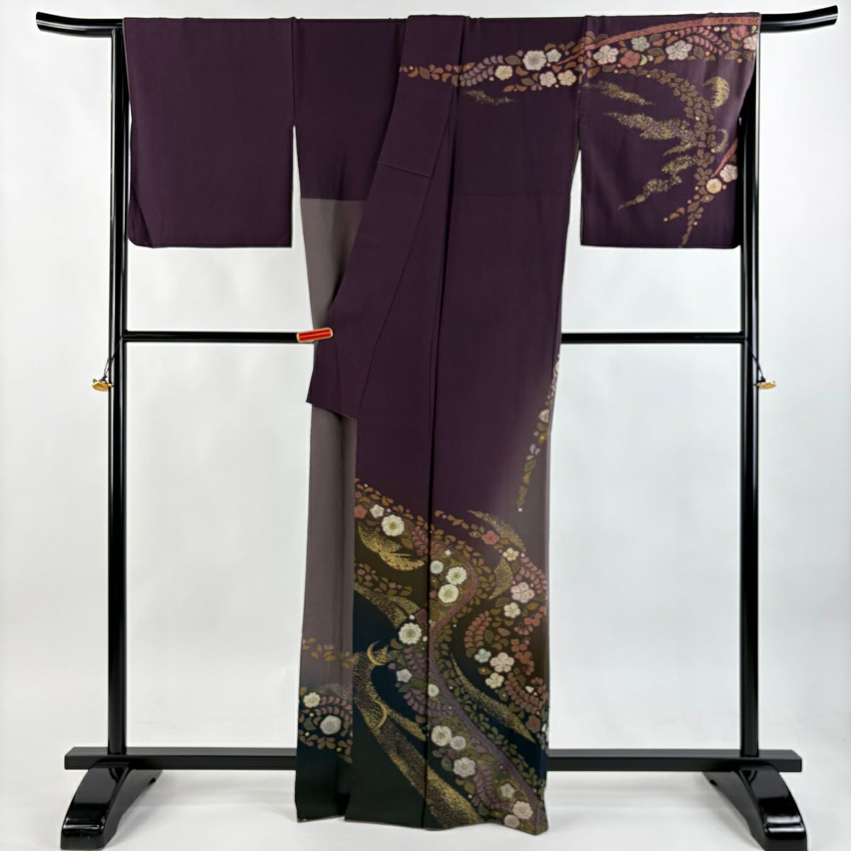 訪問服 身長165.5cm 袖長69cm L 雙層 吉乃一廉 落款あり 辻花染 流水 金彩裝飾 染分 濃紫 純蠶絲 逸品級