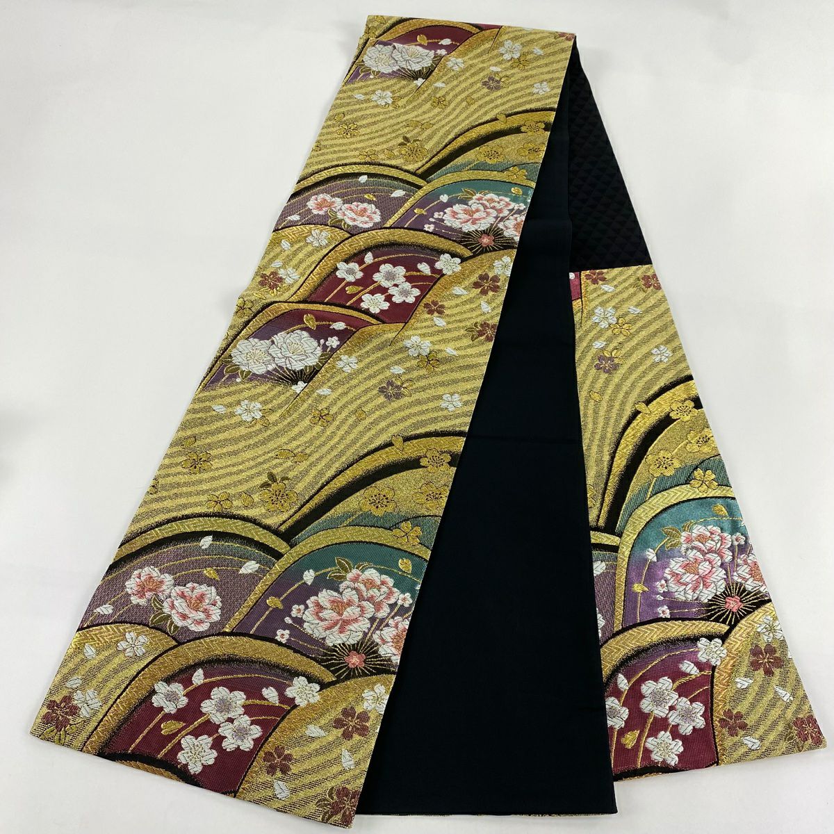 【美品】 袋帶 秀品級 樱花 波 金絲 刺繡 紫 六通 純蠶絲